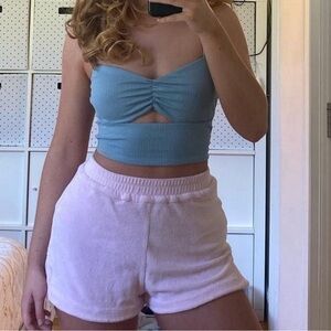 Blue Ruched Crop Top and Pink Shorts Set